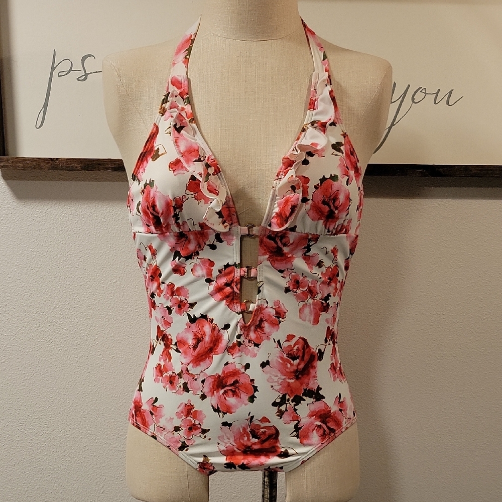 GUESS Floral Halter One-Piece Swimsuit